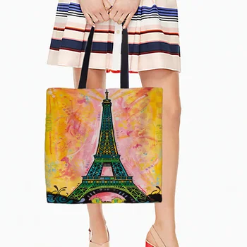 

Eiffel Tower Printed Canvas Tote Female Casual Beach Bags Large Capacity Women Single Shopping Bag Daily Use Canvas Handbags