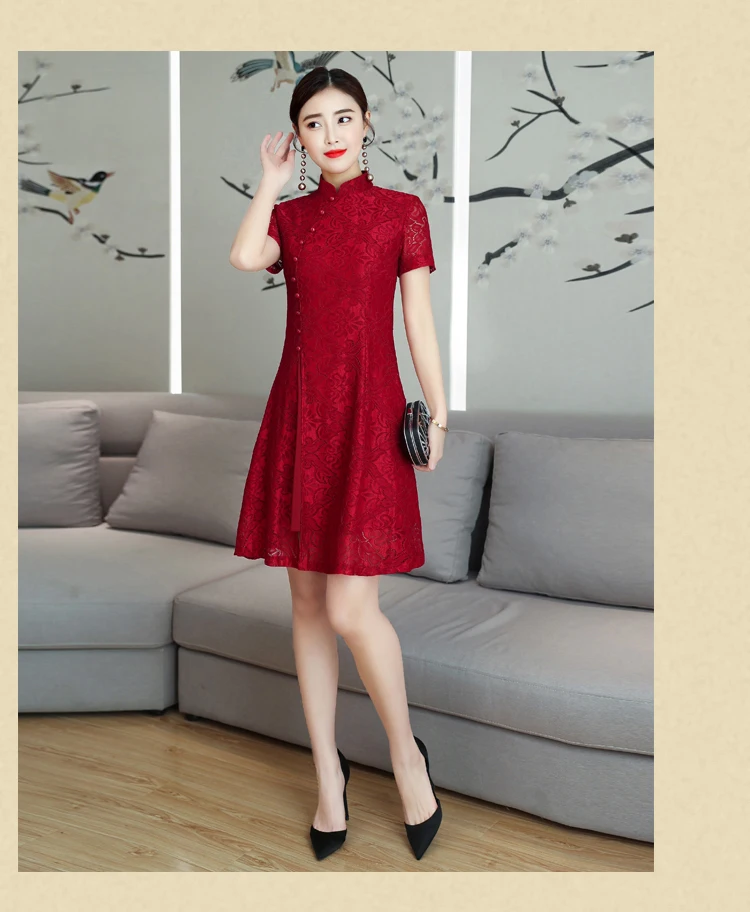 2019 Лето Современная Cheongsam Для женщин короткие кружевные Ципао китайское платье Qi Pao вечерние Винтаж аозай элегантное платье Высокое