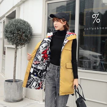 

New Brand women vest Winter jacket Hooded Thicken Warm Long Cotton Padded Waistcoat woman Sleeveless vest Double-sided vest