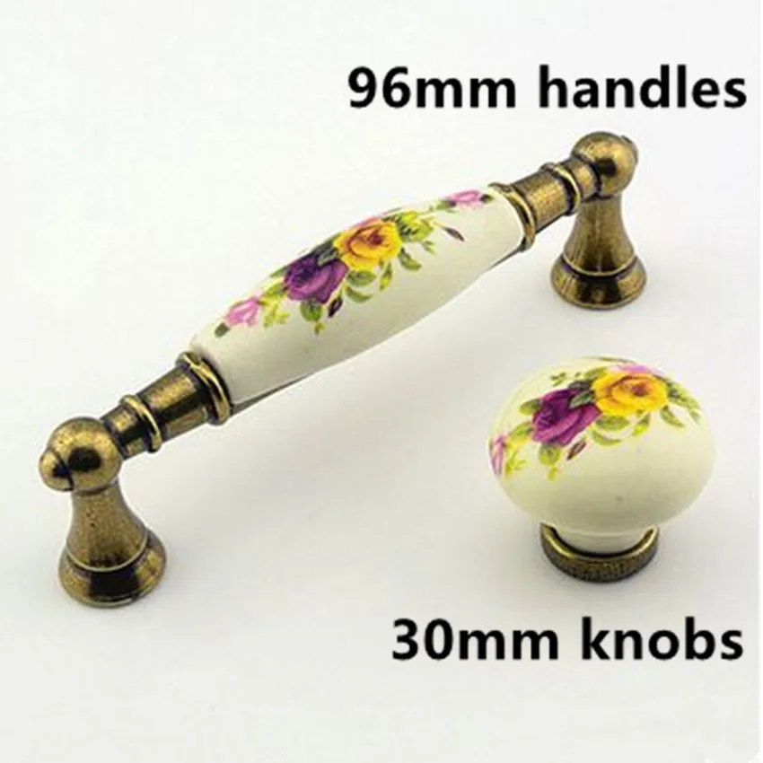 

96mm antique brass kitchen cabinet dresser handles pulls yellow flower ceramic drawer knobs Rustico Retro Rural porcelain knobs