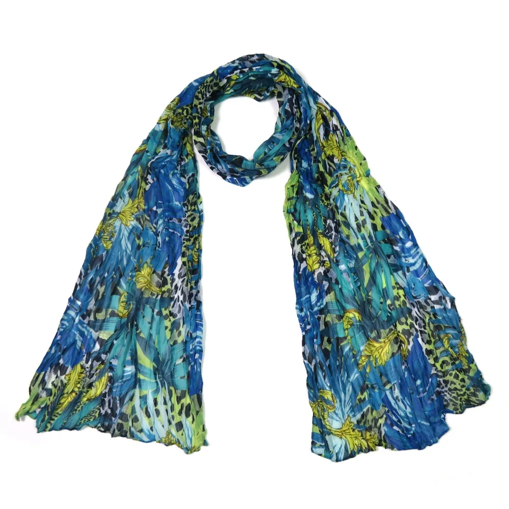 Crinkle Print Scarf For Women Summer Hijab Blue Plant Leaves Leopard
