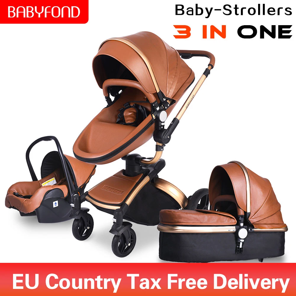 Babyfond 3 in 1 luxury stroller Two-way foldable four-wheeled Baby Pram leather aluminium alloy frame folding baby car Babyfond 3 in 1 luxury stroller Two-way foldable four-wheeled Baby Pram leather aluminium alloy frame folding baby car