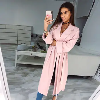 

Autumn Winter Women Long Coat Fashion Long Sleeve Pink Solid Open Front Long Outwear Cardigan