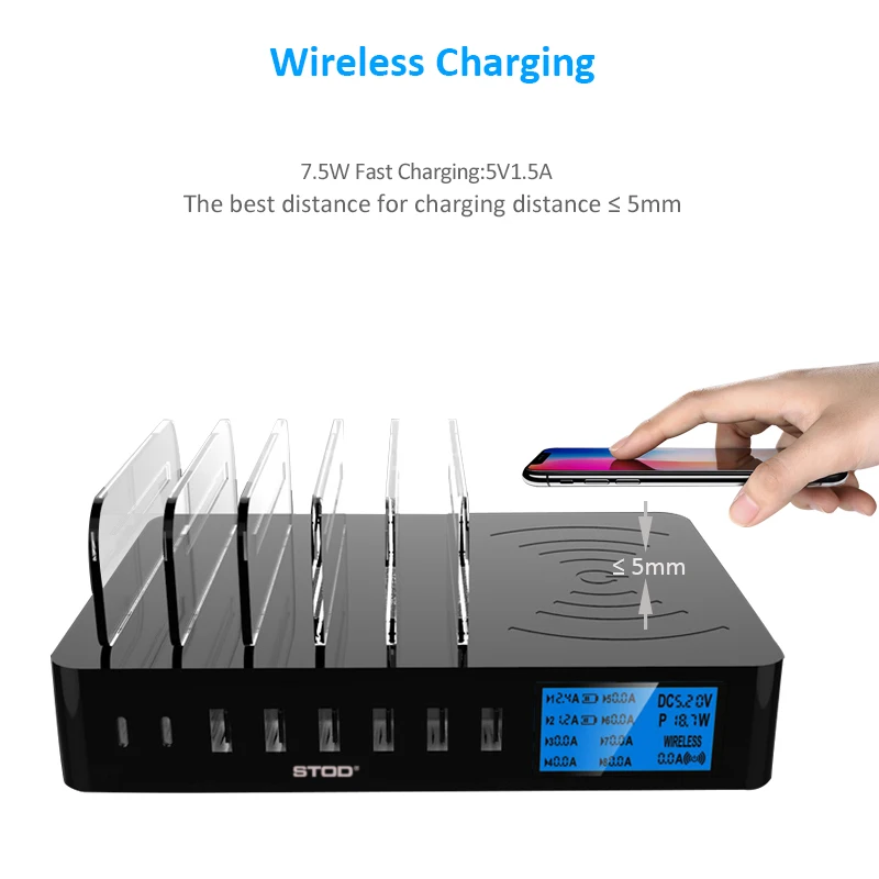  STOD Smart USB Charger Qi Wireless Charging Staition 50W LCD Display Desktop Holder For iPhone X Sa - 32933660121