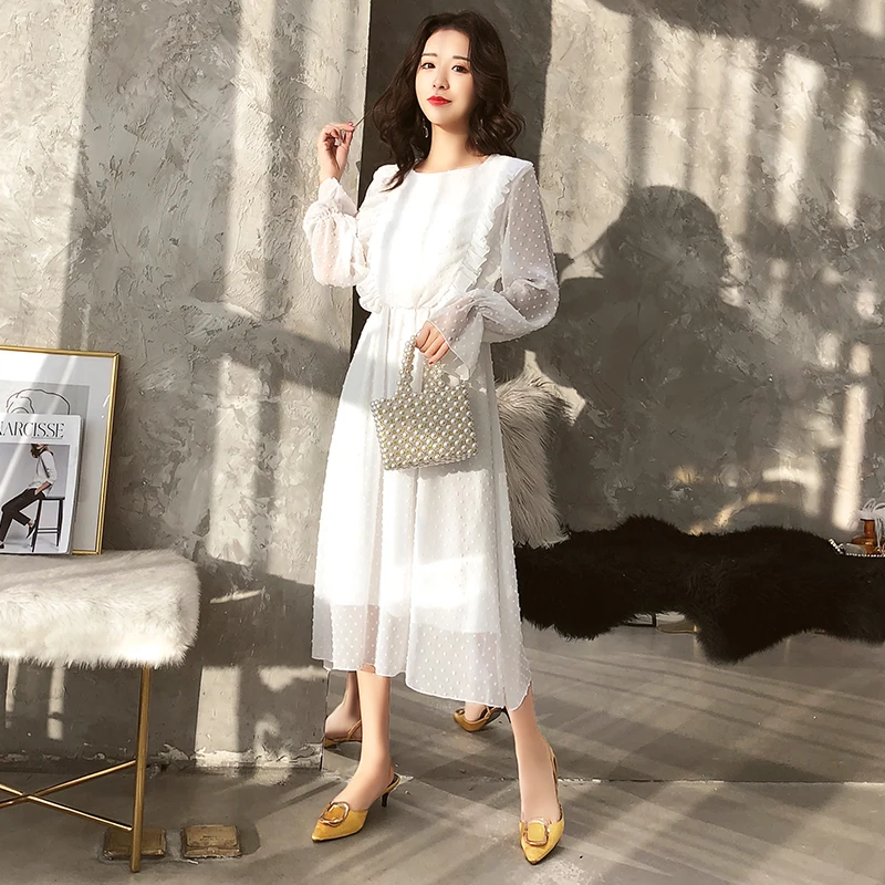 

Women Dress 2019 Polka Dot Chiffon White Dress Elegant Ladies Dresses Elastic Waist Long Flare Sleeve Ruffle Casual Midi Dress
