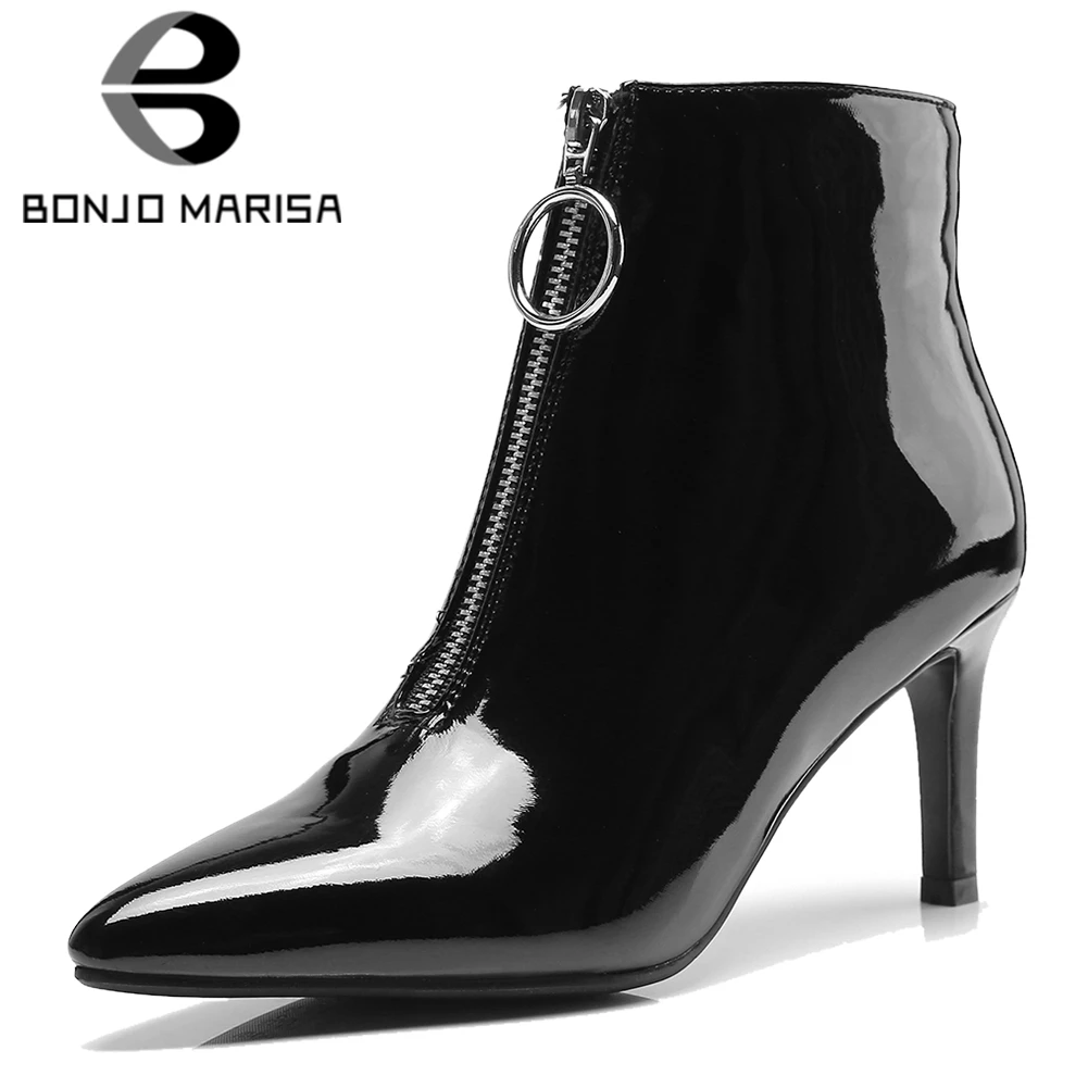 

BONJOMARISA 2019 Winter Brand Big Size 32-43 Hot Sale Women Patent Pu Ankle Boots Zipper Decoration High Heels Party Shoes Woman