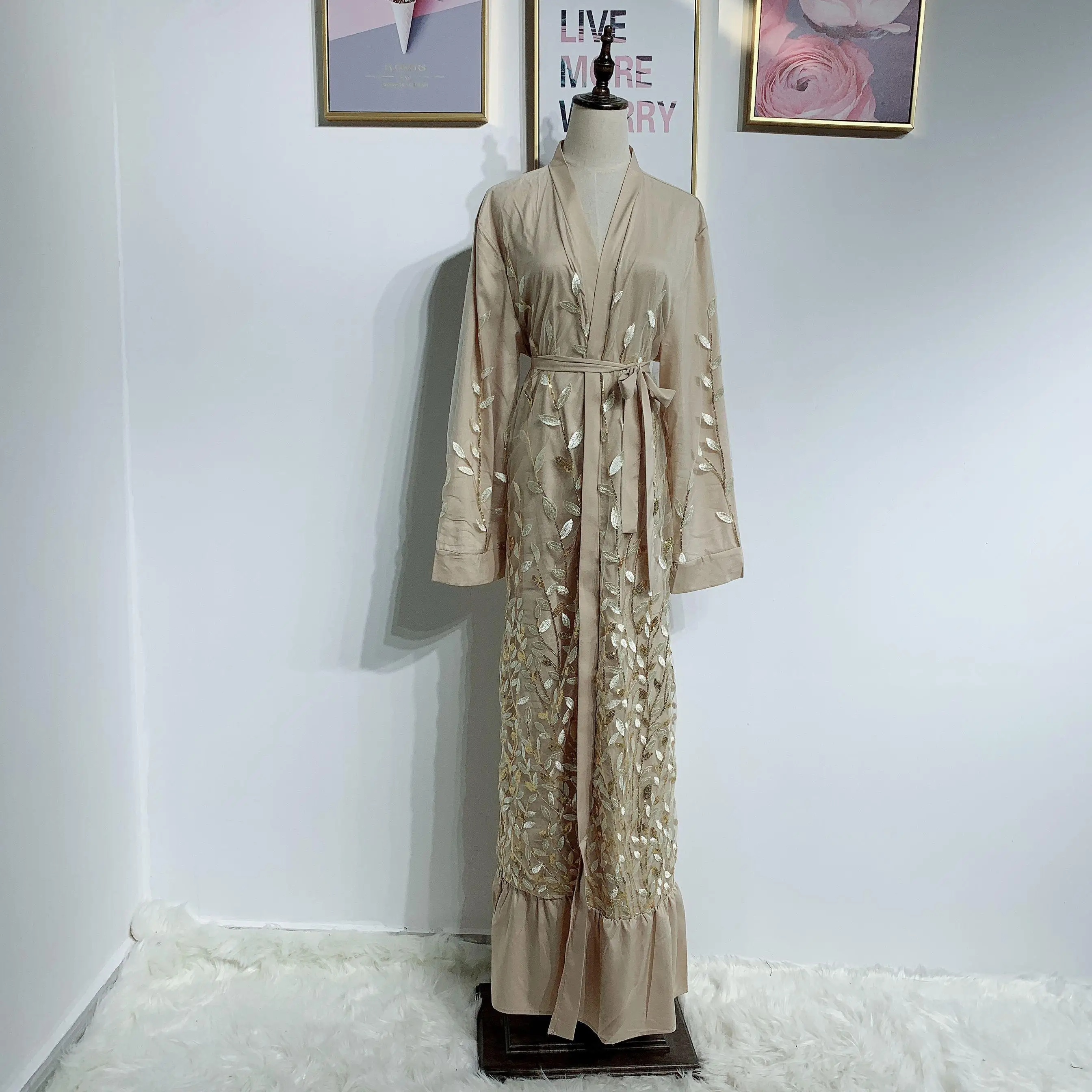 Дубай блесток абайя Кружева Вышивка открытый кардиган jilbaw женщин мусульманское длинное платье для девочки халат кимоно кафтан платье мусульманские платья