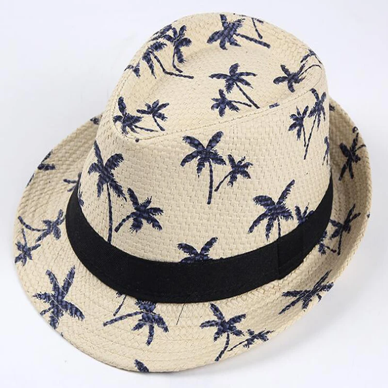 Unisex Summer Panama Straw Beach Caps Breathable Coconut Trees Print Vacation Sunshade Fedora Hat Short Brim Sports Sun Caps5