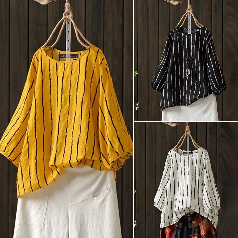 

ZANZEA Fashion Women Summer O Neck 3/4 Sleeve Striped Shirt Casual Work Blouse Robe Femme Tunic Tops Party Blusas Femininas 5XL