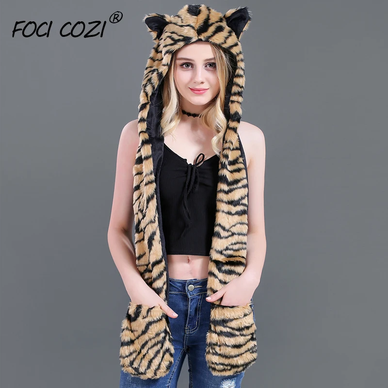 

2019 New Novelty Women Winter Accessories Faux Fur Brown Black Stripe Tiger Hooded Hat Scarf Gloves Pocket Mittens for Women