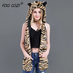2019 New Novelty Women Winter Accessories Faux Fur Brown Black Stripe Tiger Hooded Hat Scarf Gloves Pocket Mittens for Women 2019 New Novelty Women Winter Accessories Faux Fur Brown Black Stripe Tiger Hooded Hat Scarf Gloves Pocket Mittens for Women