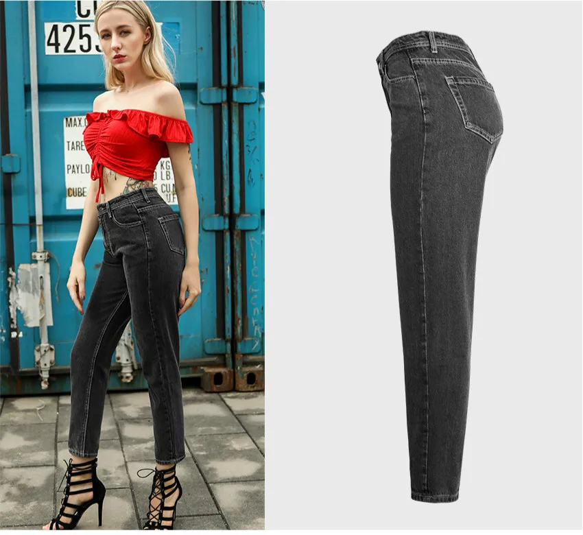 LOGAMI High Waist Straight Jeans Woman Casual Boyfriend Jeans For Women Denim Pants Dark Grey