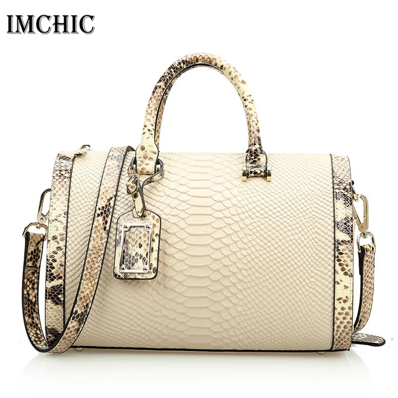 

IMCHIC 2018 Trend Women Messenger Bags Split Leather Embossed Serpentine Female Boston Shoulder Vintage Ladies Cowhide Handbags