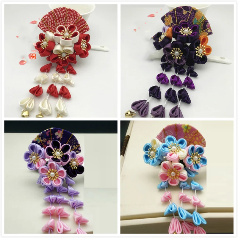 

New DIY handmade Japanese kimono Sakura hair accessories girls fan swirl hair ornaments Hairpin fascinator pink/red/blue/yellow