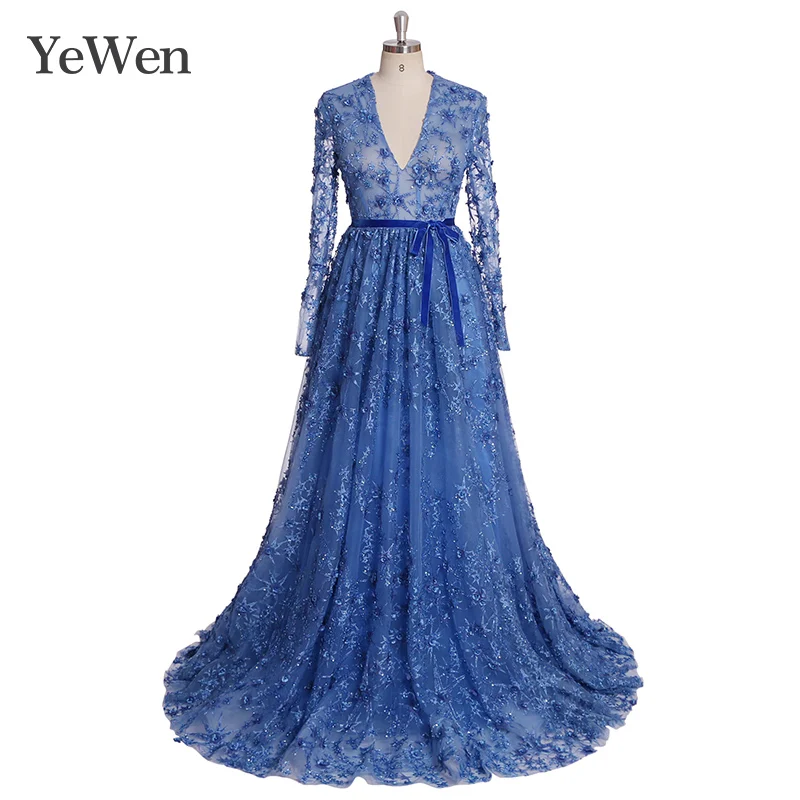 

YeWen Elegant blue formal dresses evening gown sexy long Sleeve evening women evening dress 2019 Belt muslim Prom dress YW027