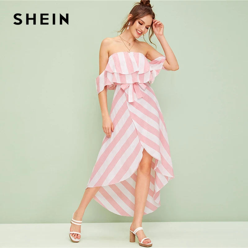 SHEIN, многоцветное длинное платье в полоску с оборкой и тюльпаном, с открытыми плечами, для женщин,, летнее, с высокой талией, Boho wrap Belted, платья