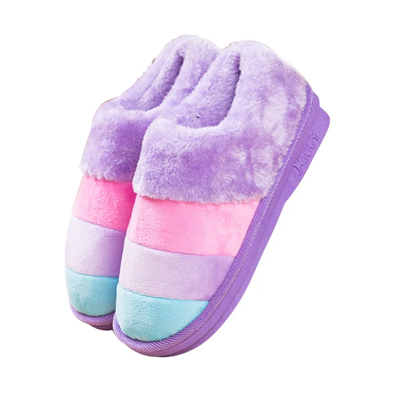 

Winter home men women lovers couple slippers warm plus furry indoor cotton shoes striped soft bedroom slides ladies flip flops