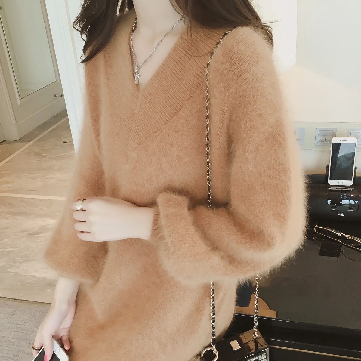 Autumn Winter Mohair Sweater 2018 Women V-neck Solid Color Casual Loose Long Knitted Sweaters Pullover | Женская одежда