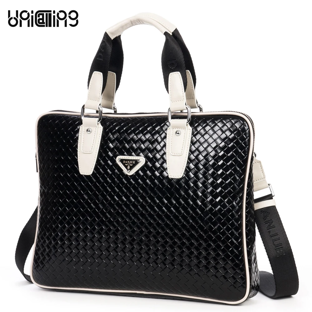 

UniCalling knitting pattern high-end quality full grain cowhide leather business tote handbag luxury laptop briefcase bag