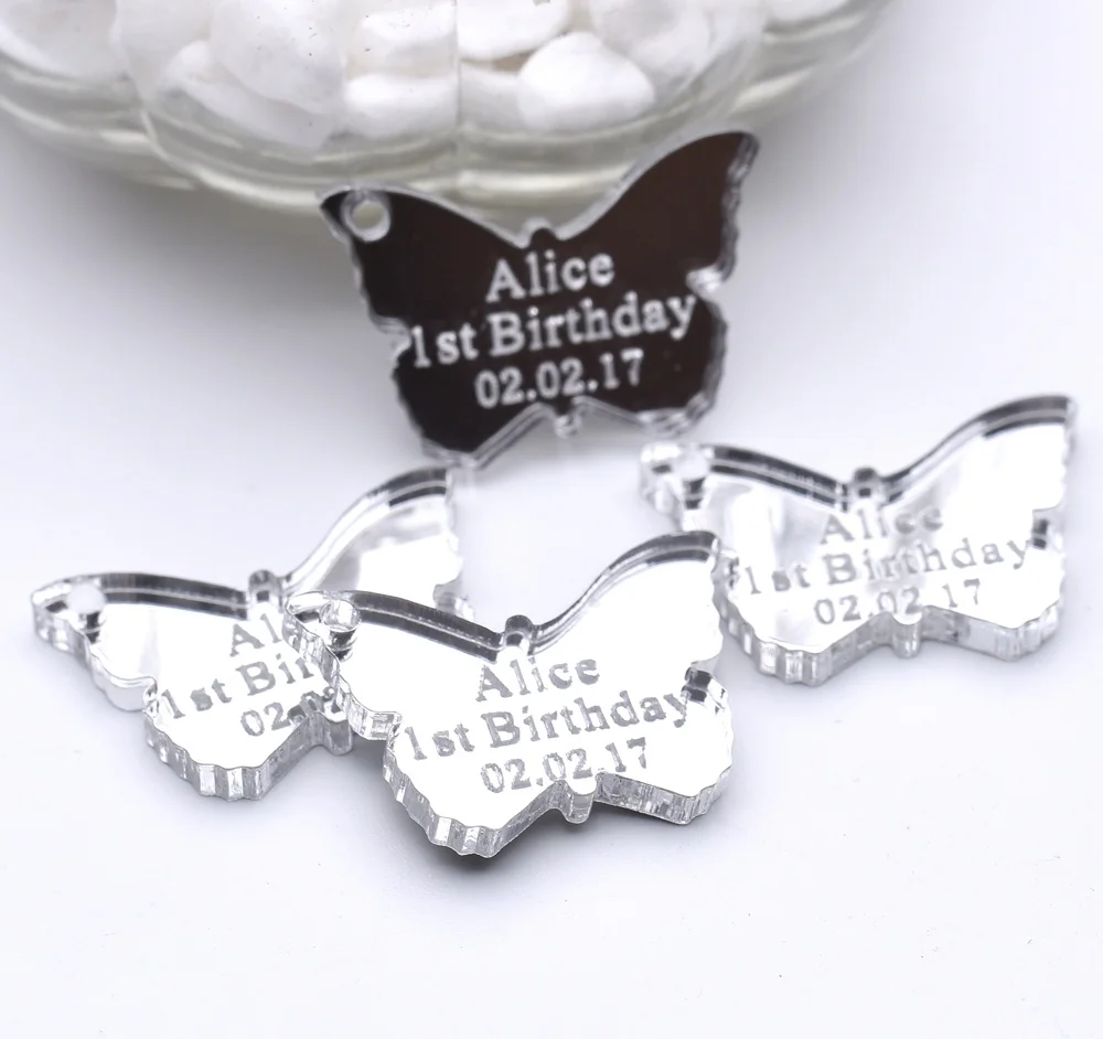 

50pcs Personalized Wedding Tag Mirror Engraved Love Butterfly Table Centerpieces Baby Shower Birthday Gfit Favors