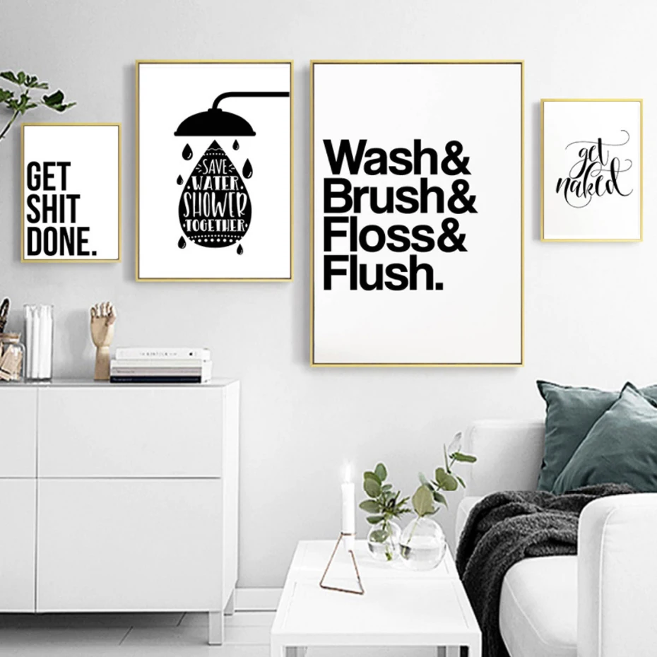 

Minimalist Black and White Bathroom Letters Canvas Paintings Wall Art Pictures Nordic Poster Print Home Decorations