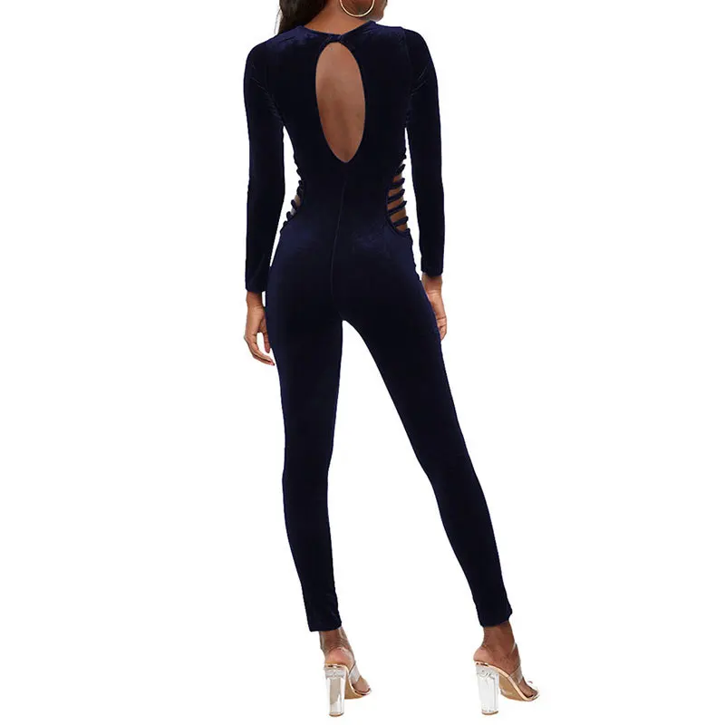 Velvet Women Jumpsuit Elegant Winter Party Cut Hollow Out Playsuits Crew Neck Long Sleeve Bodycon Overalls Feminino Body