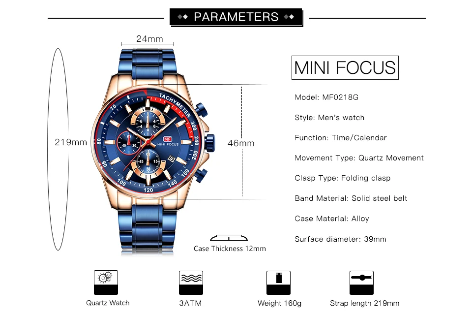 Mini foco 2019 moda azul relógio de