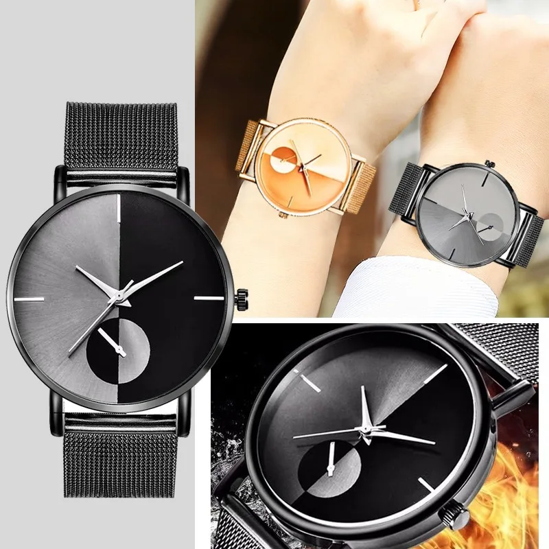 New Fashion Leisure Women Sports Watch Business Watch Men Metal Mesh Belt Double-color Casual Business Watches Wristwatch Male