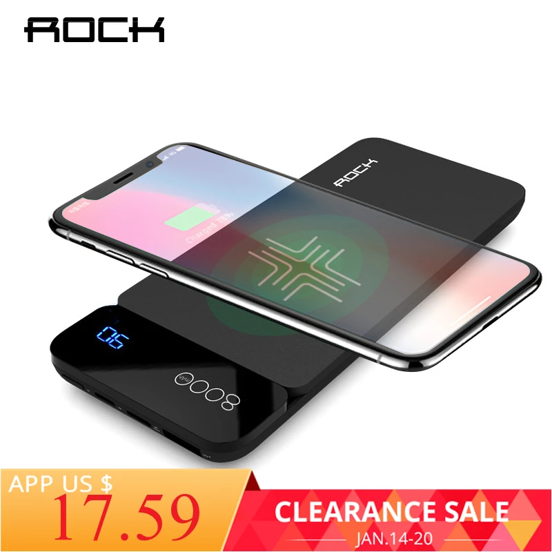 ROCK QI Wireless Charger Power Bank 8000mah with Digital Display 5V 2A 5W External Battery Powerbank for iphone X Samsung Xiaomi