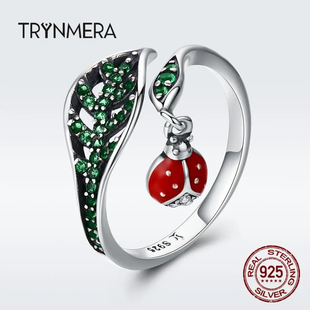 Trynmera, 925 пробы, серебряные кольца, божья коровка, болтаются в листьях дерева, кольца на палец для женщин, ювелирные изделия из стерлингового серебра, подарок tr072