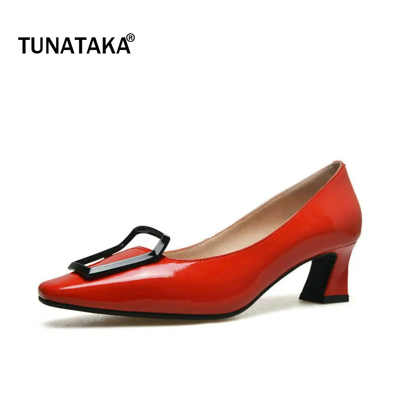 

Genuine Leather Comfort Hoof Heel Woman Lazy Pumps Fashion Square Toe Shallow Dress High Heel Shoes Woman Black Red Yellow
