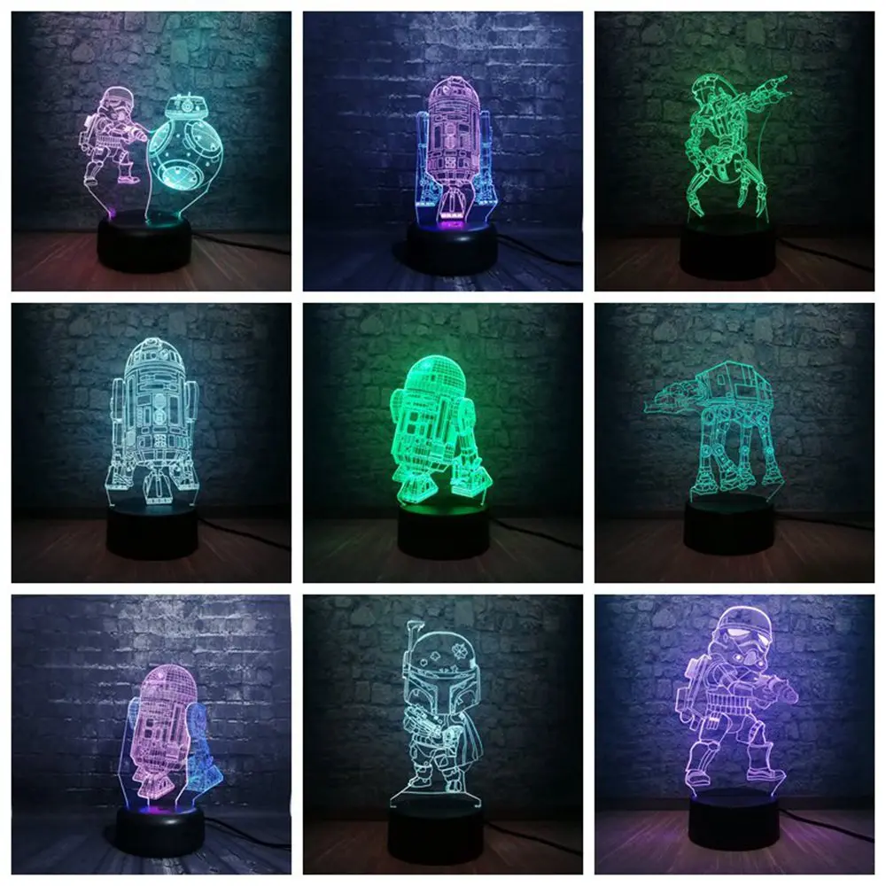 Звездные войны черный рыцарь R2D2 робот 7 смешанных двух цветов 3D светодиодный ночник Lihgt Мальчики атмосфера спальни лампа Декор подростковый Рождественский подарок