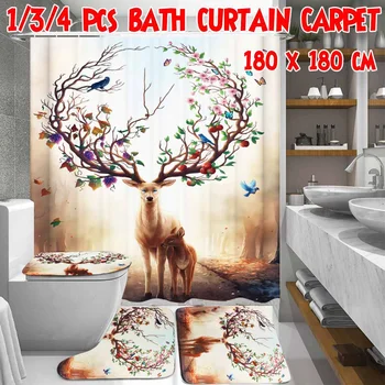 

1/3/4Pcs Sika Deer Shower Curtain Bath Rug Set Toilet Cover Bath Mat Set Bathroom Accessories Curtains With Hooks