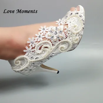 

Love Moments Beading White Flower Wedding shoes Bride Fish Toe High Heel Platform shoes Ladies Pumps Party Dress shoes Peep Toe