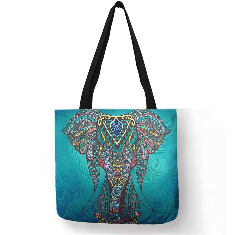 Индивидуальные льняные сумки-тоут с принтом слона и мандалы для женщин, модные многоразовые сумки для покупок, дорожные школьные сумки на плечо с принтом - Цвет: 001