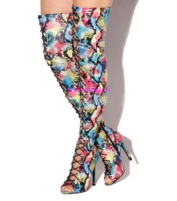 

Sexy Mixed Colors Print Leather Over The Knee Thigh High Boots Peep Toe Lace-up Front Women High Boots Plus Size Ridding Boot