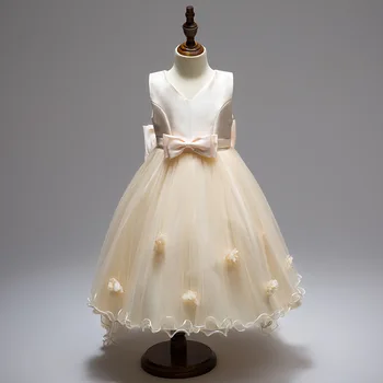 

High Quality Princess Flower Girl Dress For Wedding Party Kids Bow Sleeveless Trailing Lace Tulle White Tutu Dress