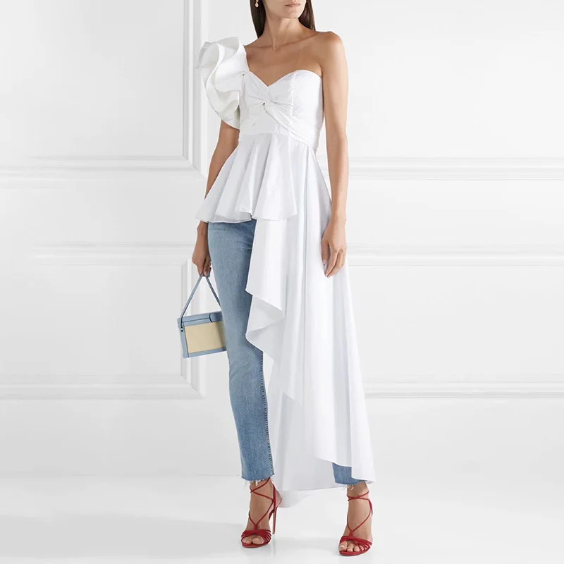 

MIAOQING Asymmetrical Shirt Tops Female Off Shoulder Lace Up Irregular Ruffle Sexy Blouse Women Fashion 2018 Autumn New