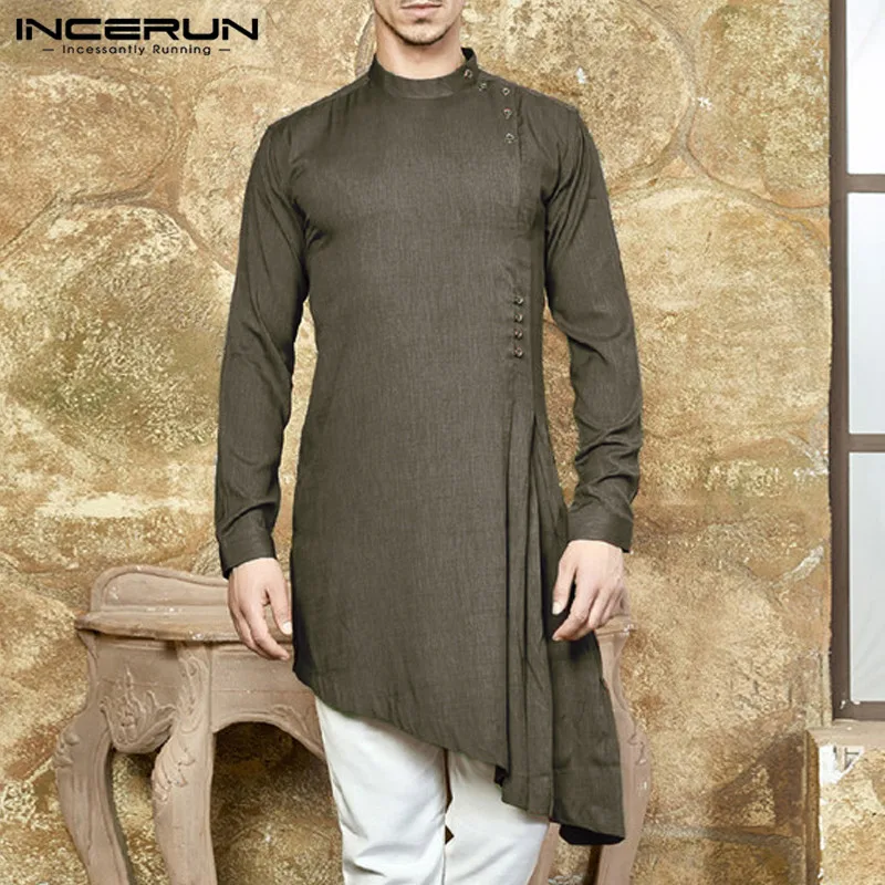 INCERUN, стильные мужские рубашки, индийская одежда, рубашки с длинным рукавом, мусульманская Мужская одежда, одноцветная Асимметричная рубашка - Цвет: Army Green