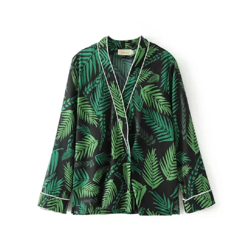 

Vintage Rainforest Leaves Print Blouse Kimono Women V-Neck White Edge Pajamas Shirts Casual Feminine Blusa Streetwear