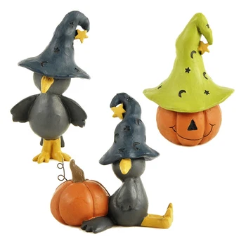 

Miniature Halloween Crow and Pumpkin Figurines Witch Hat dotted with Star Retro Thanksgiving Decoration Cake Topper Set of 3