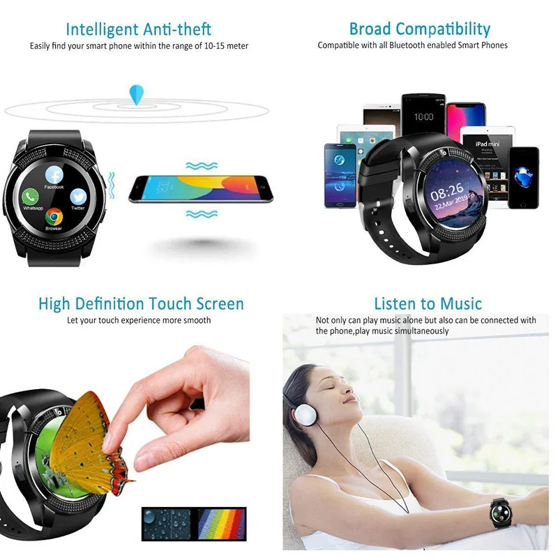 Смарт-часы V8 \ Y1, мужские спортивные часы с Bluetooth, женские, дамские, Rel gio, умные часы с камерой, слотом для sim-карты, Android Phone, PK DZ09 A1