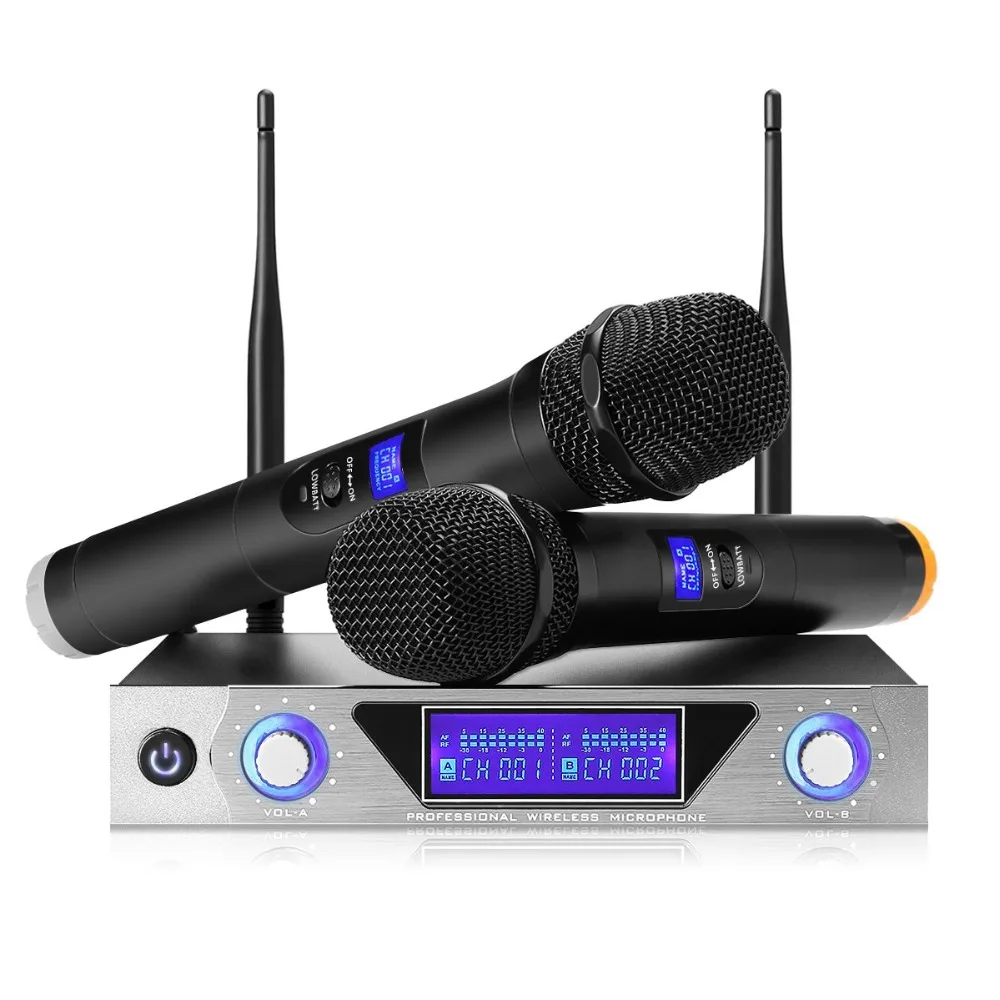 

UHF Dual Channel Professional Handheld Wireless Microphone System with Dual Wireless Dynamic Microphones,LCD Display