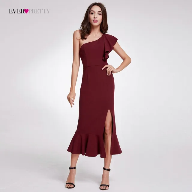 2018 Hot Sale Ever Pretty Elegant Burgundy Evening Dresses Tea-Length Split Simple Design EP07234BD Women Formal Evening Gowns