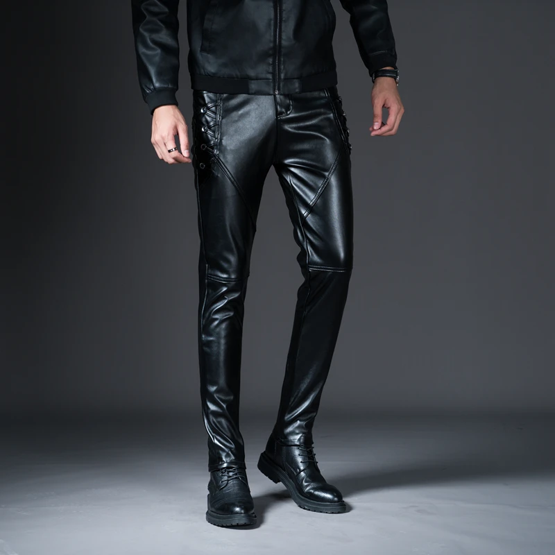 New Winter Mens Skinny Biker Leather Pants Fashion Faux Leather ...