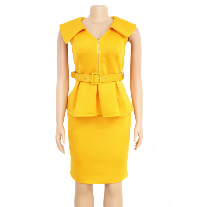 

Women Dresses with Waist Belt Zipper Up Peplum Office Lady Modest New Fashion Wear Elegant Fake Two Pieces Sets Classy Clothes