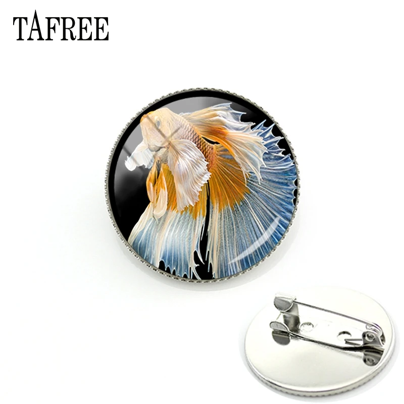 

TAFREE Goldfish Brooch iron alloy Pins Vintage Round Glass cabochon dome high quality New fashion gem charms Jewelry QF854