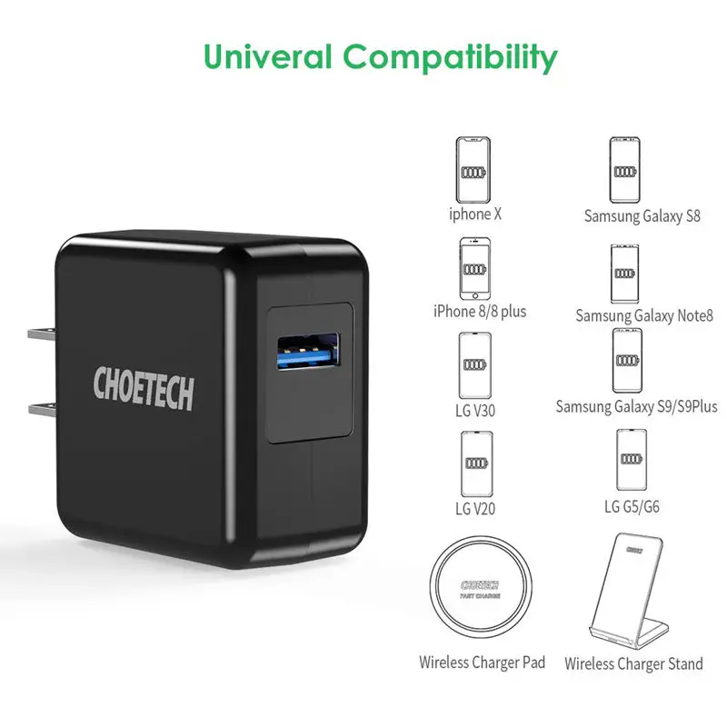Choetech Quick Charge 3,0 18 Вт Usb настенное зарядное устройство для Iphone Xr Xs X 8 8 Plus, зарядное устройство для мобильного телефона Galaxy S9 Plus Note8(Us Pl