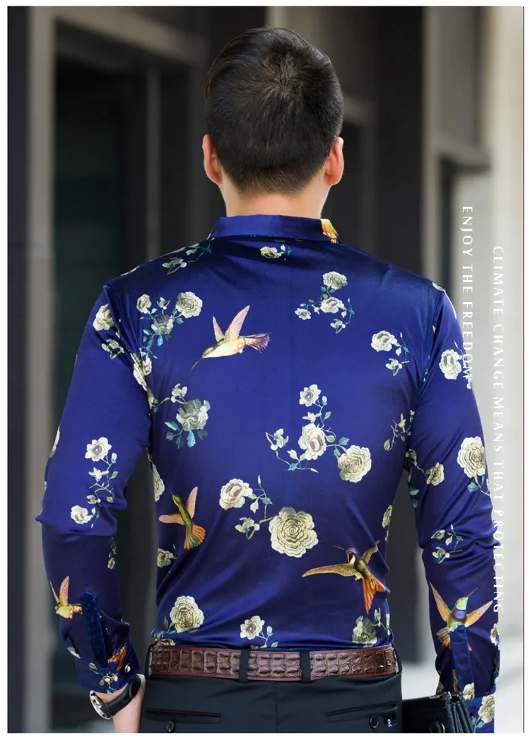Цветы и птицы шаблон печати Бизнес Повседневная рубашка с длинными рукавами Осень 2017 Новый золотой бархат высокого качества Мужская