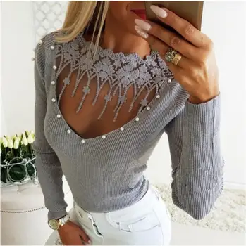 

Hot Style Sexy Tight Lace Blank Sweater Knitted Top Long Sleeve Women Clothes Bodycon Vestido Beading Decor Hollow Out
